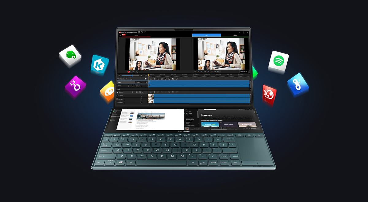 ScreenPad™ Plus上でCorel® MultiCamで効率的に動画編集している様子