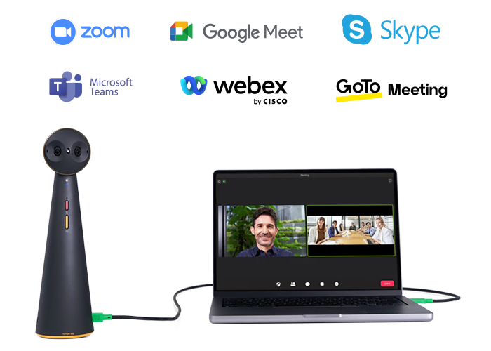 画面にビデオ通話が表示された開いているラップトップの隣にプロフェッショナルなカメラ（TOTEM 180）が立っており、Zoom、Google Meet、Skype、Microsoft Teams、Cisco Webex、GoTo Meetingなど様々なビデオ会議プラットフォームとの互換性を示している。これらのサービスのロゴがラップトップの上に表示され、デジタルコミュニケーション環境でのソフトウェアの多様性を示している。