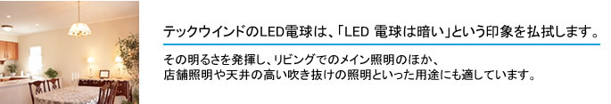 テックウインドのLED電球は、「LED 電球は暗い」という印象を払拭します。 その明るさを発揮し、リビングでのメイン照明のほか、 店舗照明や天井の高い吹き抜けの照明といった用途にも適しています。