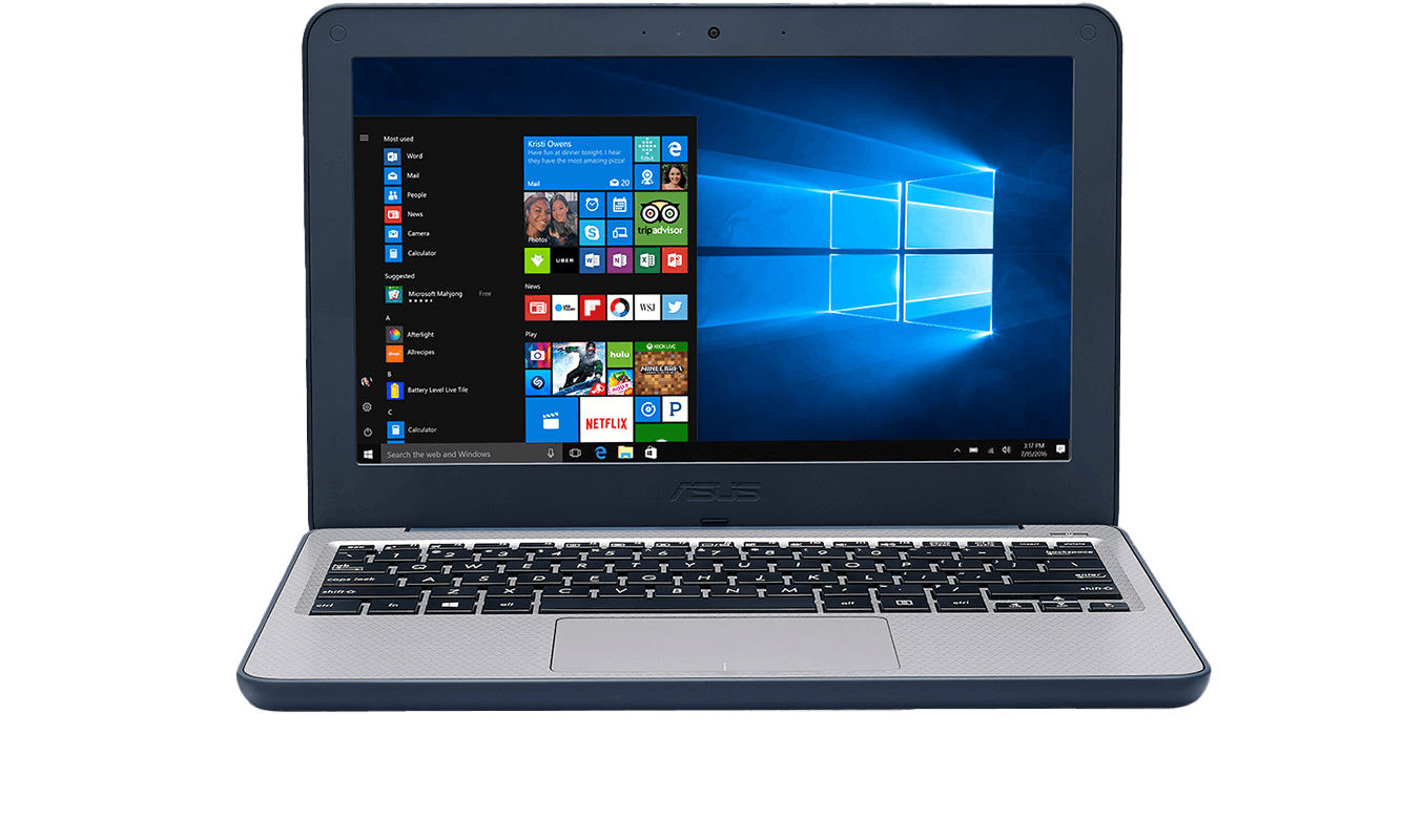 スタートメニューを開いたASUS Laptop W202を正面から撮った画像