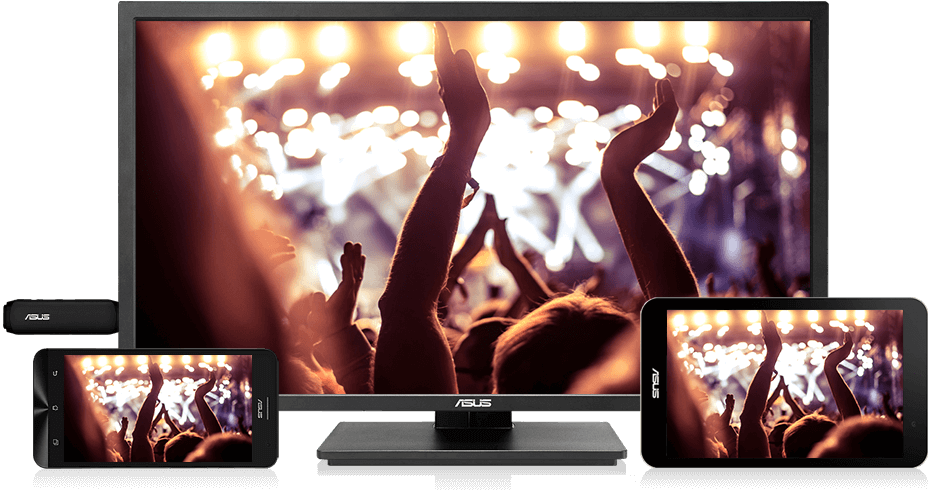 ASUS VivoStickを挿した液晶ディスプレイにスマホやタブレットの映像を同期している画像