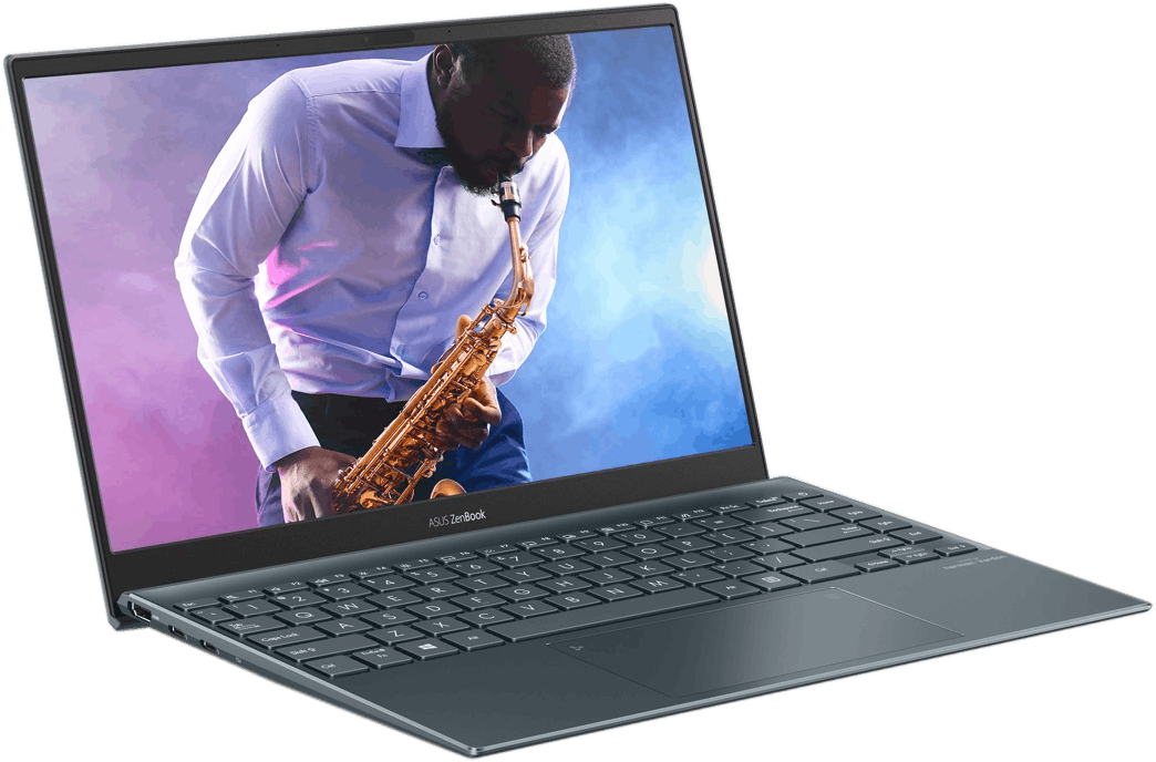 管楽器を吹いている男性が映ったASUS ZenBook 13の画像