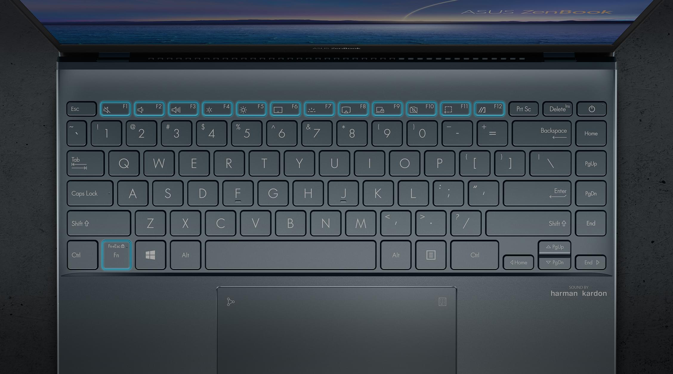 ASUS ZenBook 13を上部から撮影し、ファンクションキーが目立つ様に強調された画像