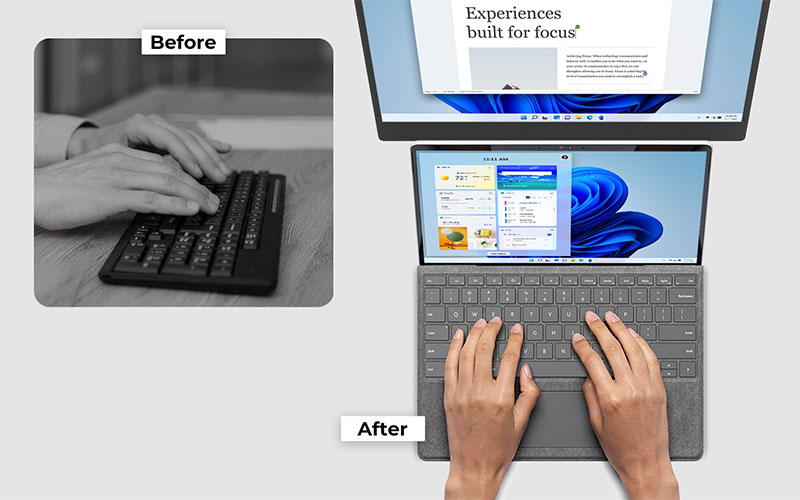 Beforeは、外付けキーボードを使っているイメージ。Afterは、Surfaceのキーボードを使っているのでそのままの感触で使える。