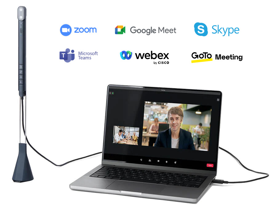 画面にビデオ通話が表示された開いているラップトップの隣にプロフェッショナルなマイクロフォン（TOTEM 120）が立っており、Zoom、Google Meet、Skype、Microsoft Teams、Cisco Webex、GoTo Meetingなど様々なビデオ会議プラットフォームとの互換性を示している。これらのサービスのロゴがラップトップの上に表示され、デジタルコミュニケーション環境でのソフトウェアの多様性を示している。