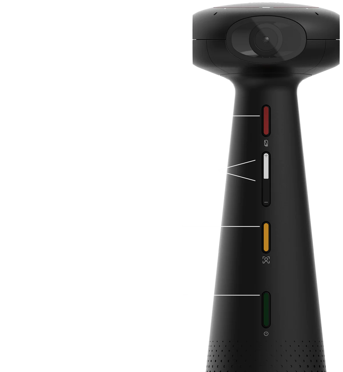 TOTEM 360のインターフェース。ボタンは正面にあり、上から、マイクのミュート切り替えボタン、2つのボリュームボタン、ビデオモードボタン、電源となっています。