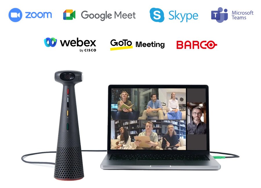 画面にビデオ通話が表示された開いているラップトップの隣にプロフェッショナルなカメラ（TOTEM 360）が立っており、Zoom、Google Meet、Skype、Microsoft Teams、Cisco Webex、GoTo Meeting、BARCOなど様々なビデオ会議プラットフォームとの互換性を示している。これらのサービスのロゴがラップトップの上に表示され、デジタルコミュニケーション環境でのソフトウェアの多様性を示している。