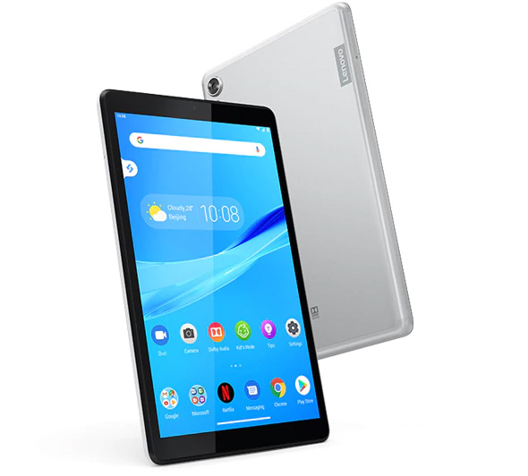 表面のタブレットと裏面のタブレットが並んだTab M8(FHD)の写真
