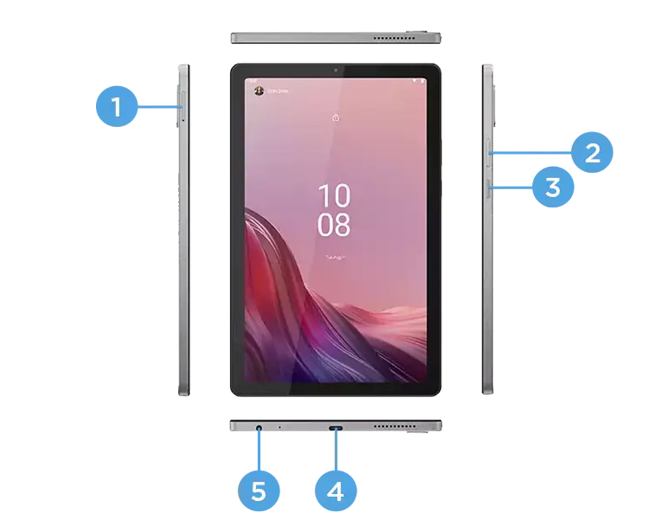 Lenovo Tab M9を縦型で見たときに、左側面上部にmicroSDスロット、右側面の中部にボリュームボタンと電源ボタン、底面にUSB Type-Cポート、コンボジャックがあります。