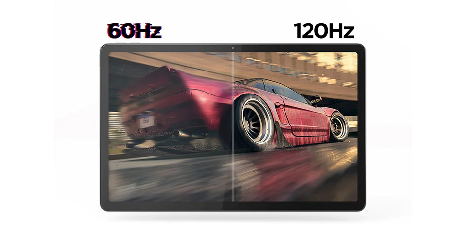 レースゲームは映像が動くため周波数の影響が大きくなる。左半分は60Hzの表示イメージで残像が残っている。右半分は120Hzの表示イメージでスムーズに表示されている。