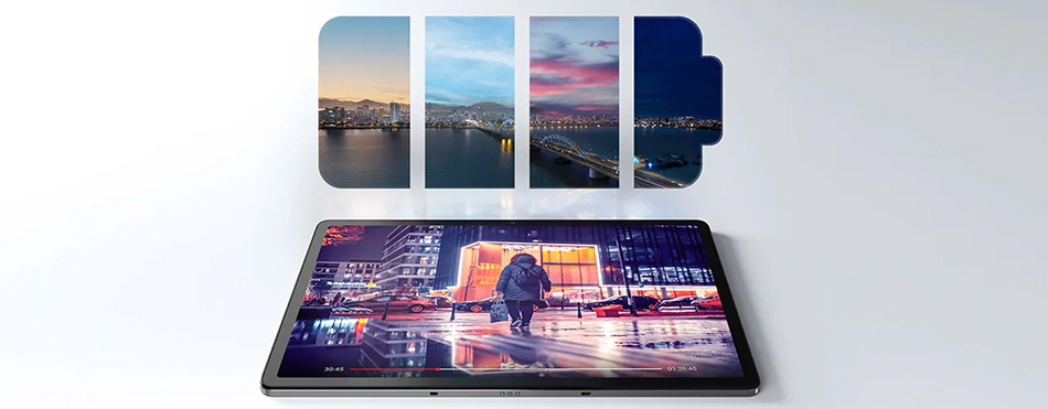 高解像度ディスプレイを持つタブレットに映し出された都市の夜景と、その上に重ねられた時間経過による空の色の変化を示すパネルの製品写真。