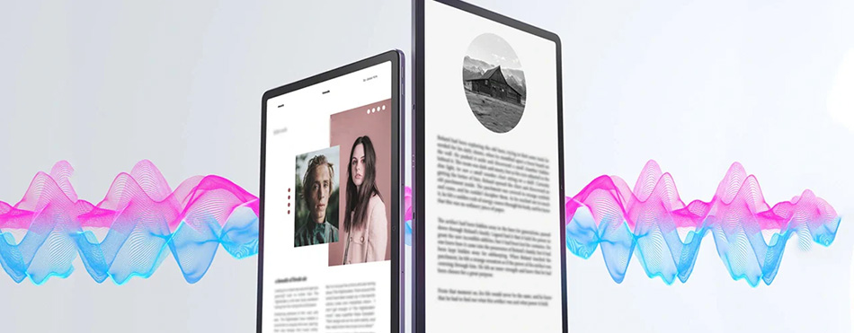二つのタブレットが並んでおり、一方には女性のポートレートとテキストが、もう一方にはモノクロの写真とテキストが表示されている。タブレットの間にはピンクとブルーの波形のグラフィックが描かれている製品写真