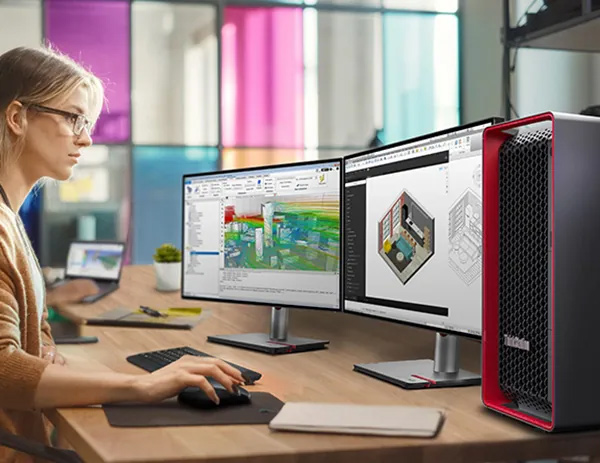 ThinkStation P7を使用して作業をする女性の写真