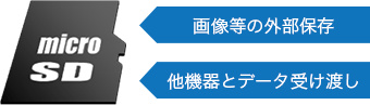 microSDカードで、画像などの外部保存、他機器とのデータの受け渡し。