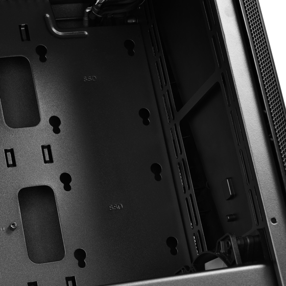 Front fan mounts and motherboard tray SSD mounts