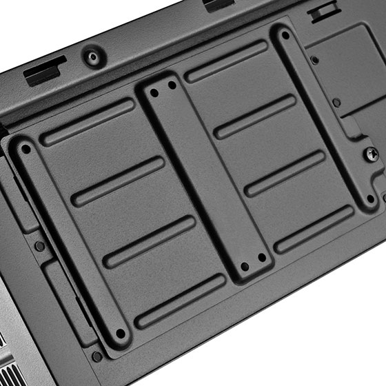 Two 2.5 inch drive mounts behind motherboard tray