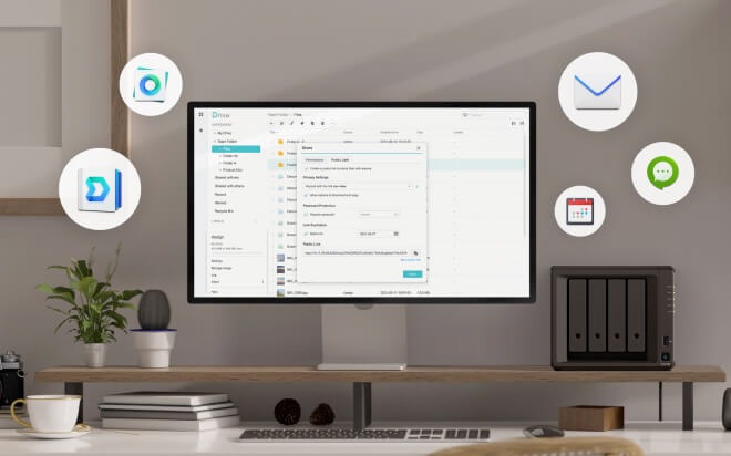 DSMのSynology Driveでファイルの共有リンクを作成している画面とDS925+本体