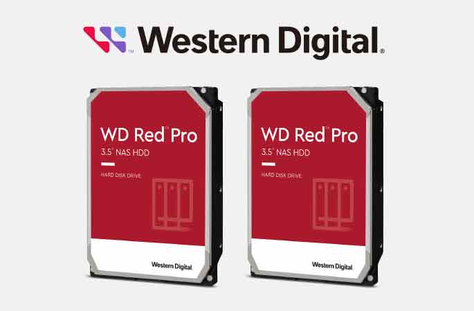 Western Digitalのロゴと、2個のWD Red Pro HDD（赤いラベル）の写真。