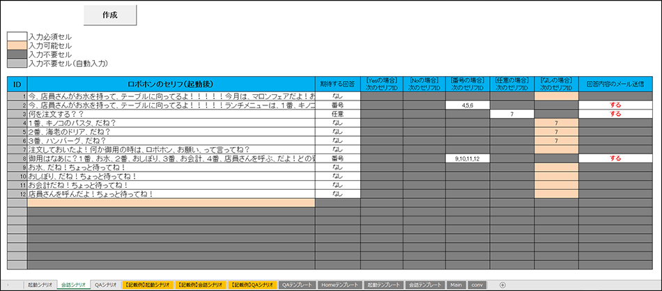 受付・接客シナリオ作成ツールのエクセル表