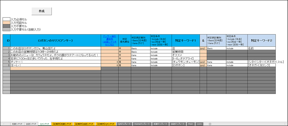 受付・接客シナリオ作成ツールのエクセル表