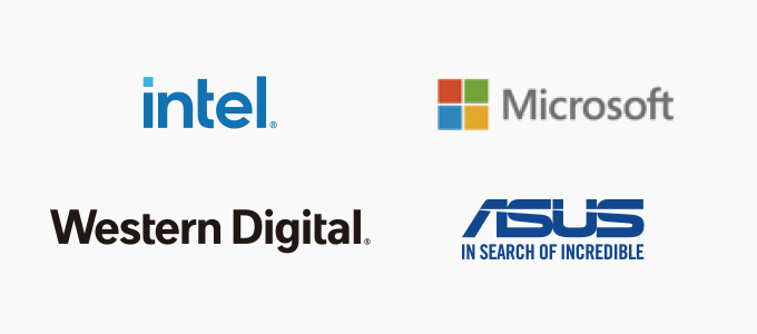 インテル、マイクロソフト、ウエスタン・デジタル、ASUSのロゴ