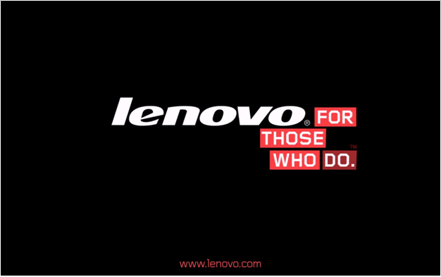 起動時にlenovoのロゴが表示されるようにした場合の画面表示。中央には「lenovo FOR THOSE WHO DO.」というタイポグラフィが表示されている。