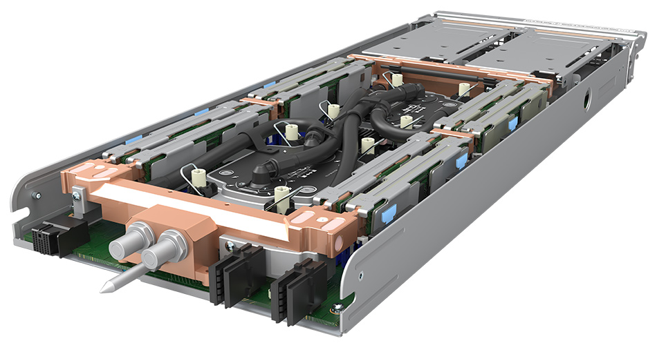 クーリングプレート搭載サーバーの3D図。中央には水冷のための管が数本見える。