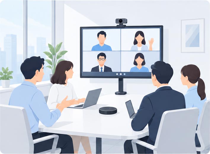 少人数の会議室でのオンラインミーティングの様子