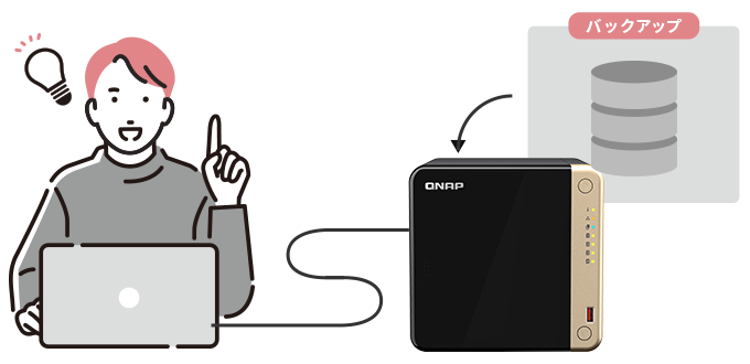 QNAP製NASへバックアップデータを復旧している様子のイラスト。ノートPCを操作する人物とバックアップデータ。