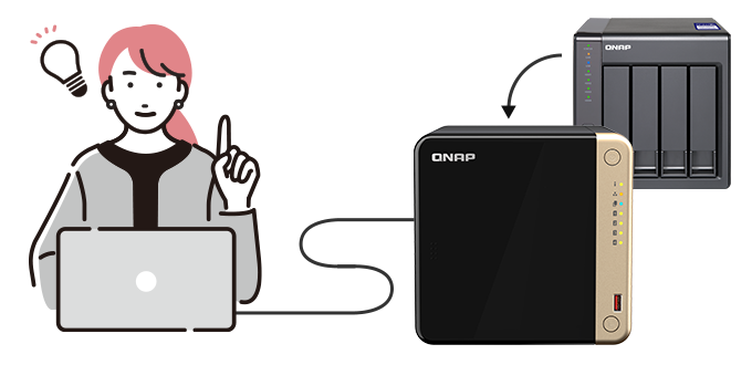 QNAP NASの設定が分かるようになってすっきりした顔の中年男性のイラスト
