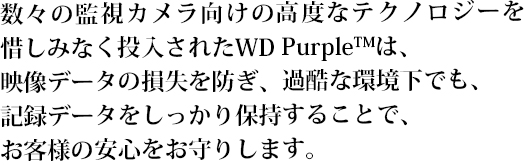 数々の監視カメラ向けの高度なテクノロジーを惜しみなく投入されたWD Purpleは、映像データの損失を防ぎ、過酷な環境下でも、記録データをしっかり保持することで、お客様の安心をお守りします。