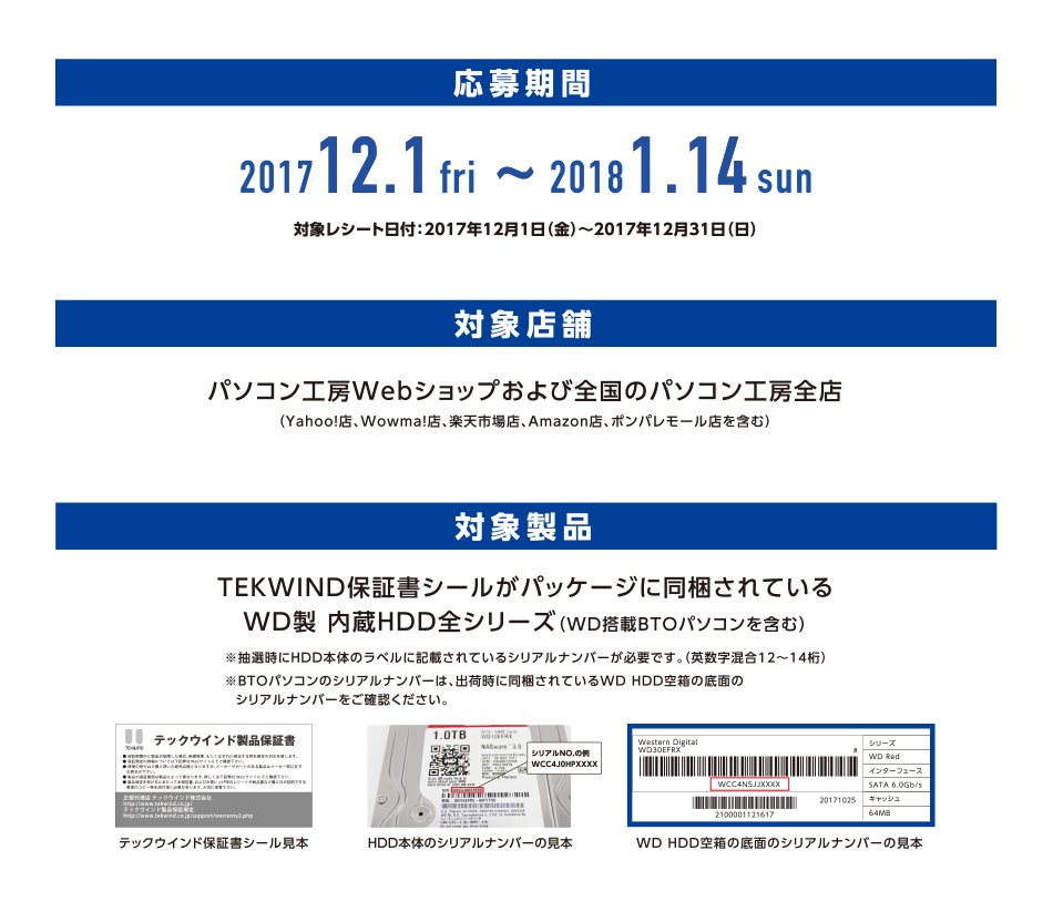 【応募期間】2017年12月1日（金）～2018年1月14日（月） ※対象レシート日付：2017年12月1日～2017年12月31日 / 【応募店舗】パソコン工房Webショップおよび全国のパソコン工房全店 / 【対象製品】TEKWIND保証書ツールがパッケージに同梱されているWD製 内蔵HDD全シリーズ（※抽選時にシリアルナンバーが必要です）