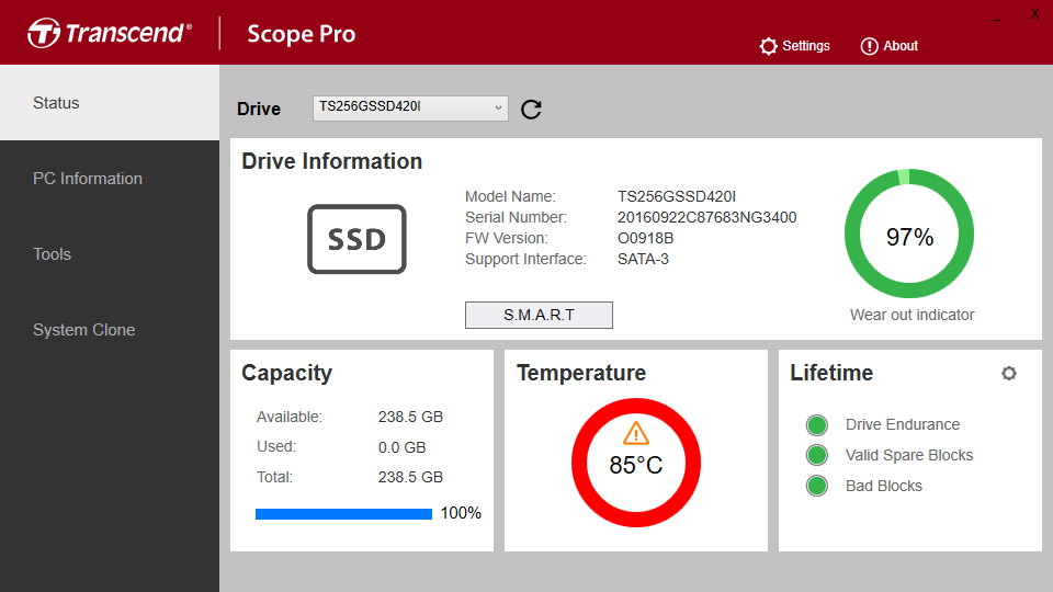ソフトウェア「Scope Pro」で温度を見ている画面のキャプチャ