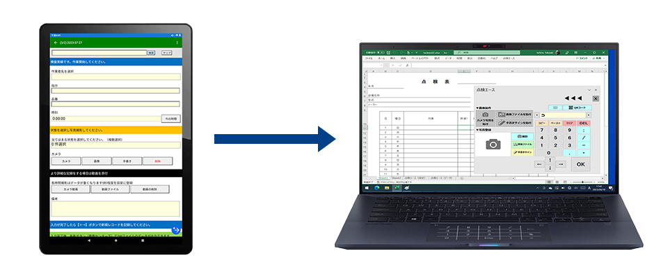 点検エース LiteからPCの点検エース for Excelへデータを送っているイメージです。