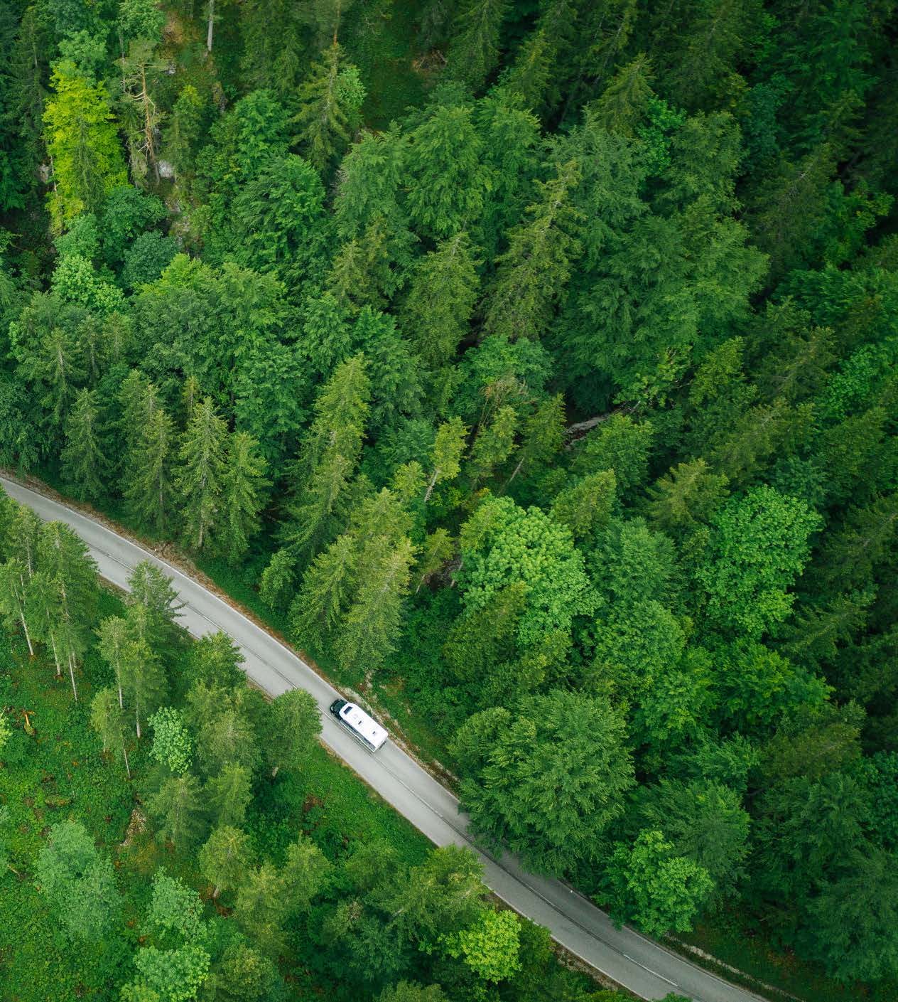 緑の森を抜ける道路を走る配送車両の空撮