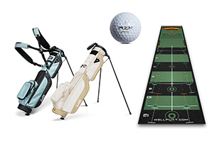 ゴルフバックとゴルフボールとパター練習マット