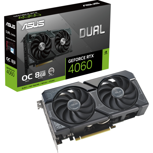  DUAL-RTX4060-O8G ― 2連ファン2.5スロット幅コンパクト設計NVIDIA GeForce RTX 4060搭載ビデオカードの製品画像