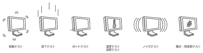 振動テスト 落下テスト ポートテスト 温度テスト 湿度テスト ノイズテスト 電圧・周波数テスト