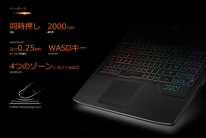 キーボード 同時押し対応 耐久性2000万回 エルゴノミック キートップの窪み 深さ0.25mm ハイライト WASDキー バックライト 4つのゾーンに分けて色設定